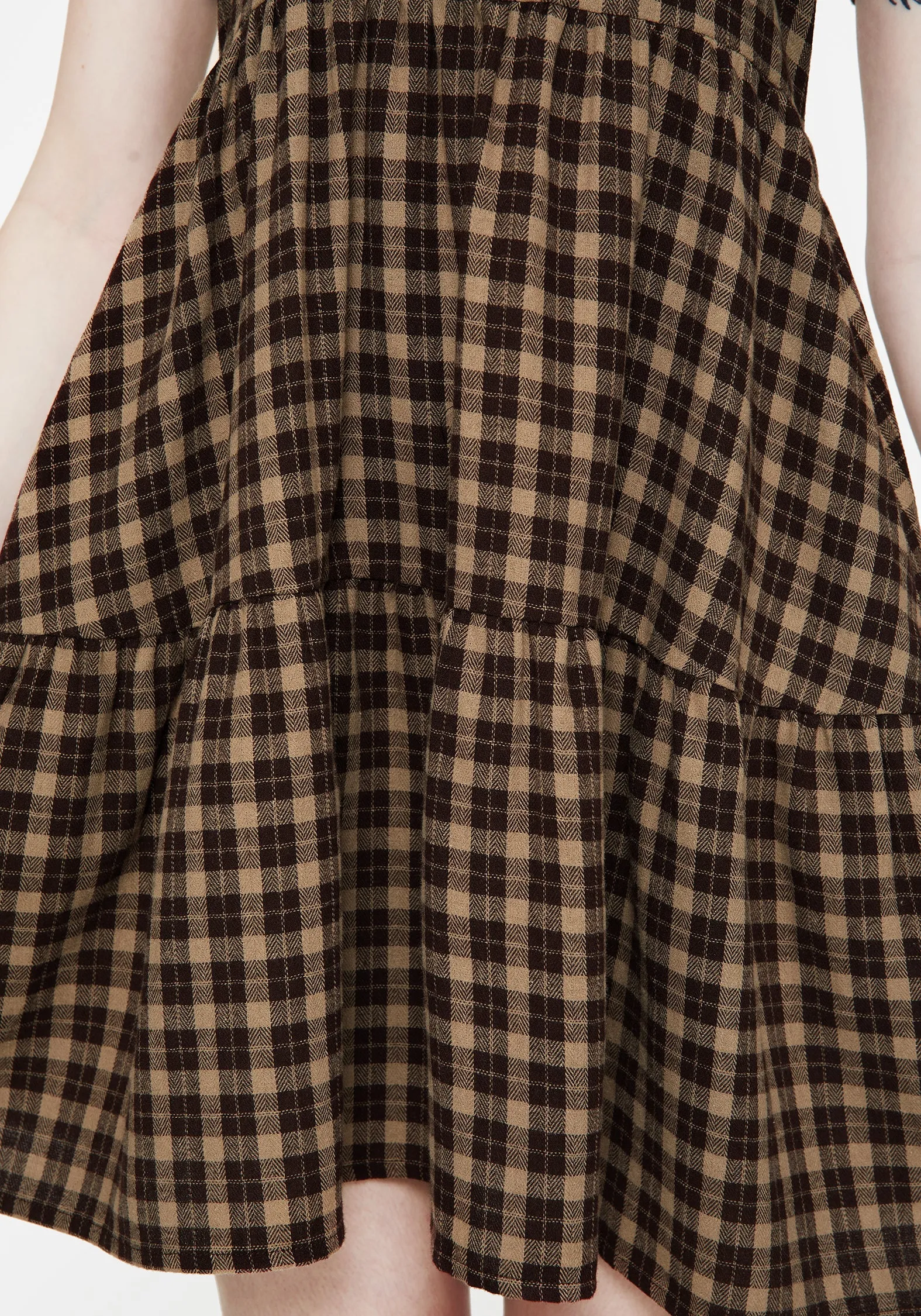 Sheer Glam and Versatile evening mini dress. Terra Cotton Check Smock Mini Dress - Brown