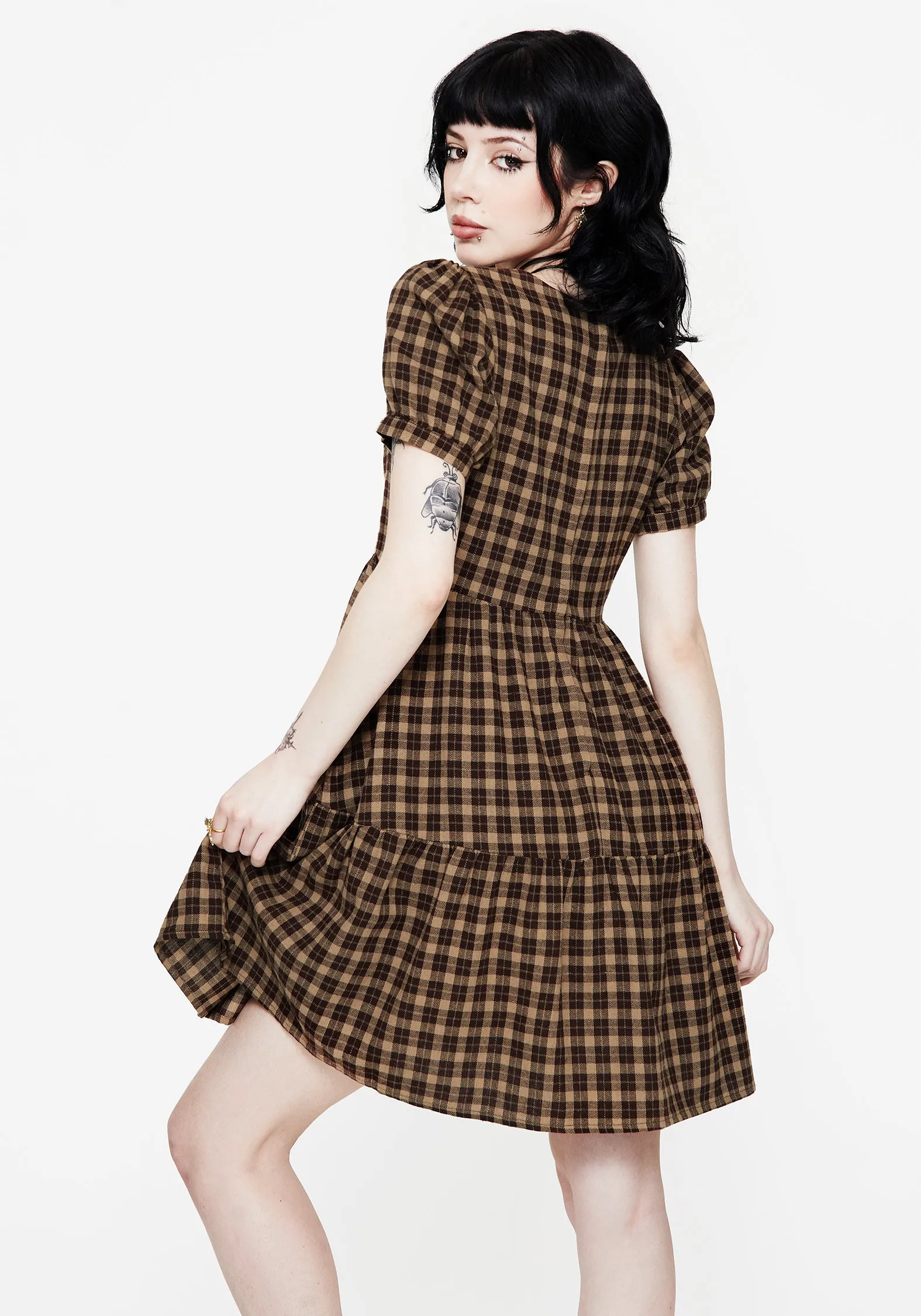 Trendy Print Terra Cotton Check Smock Mini Dress - Brown