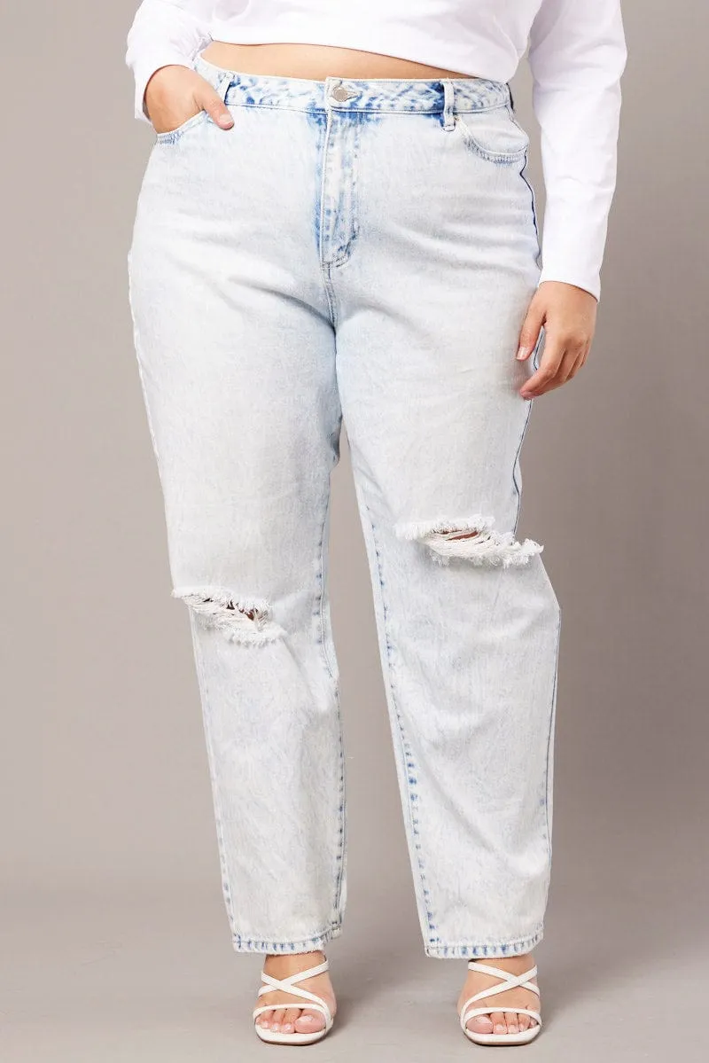 Shopping Day Vibrant Denim Mom Jeans High Rise Ripped