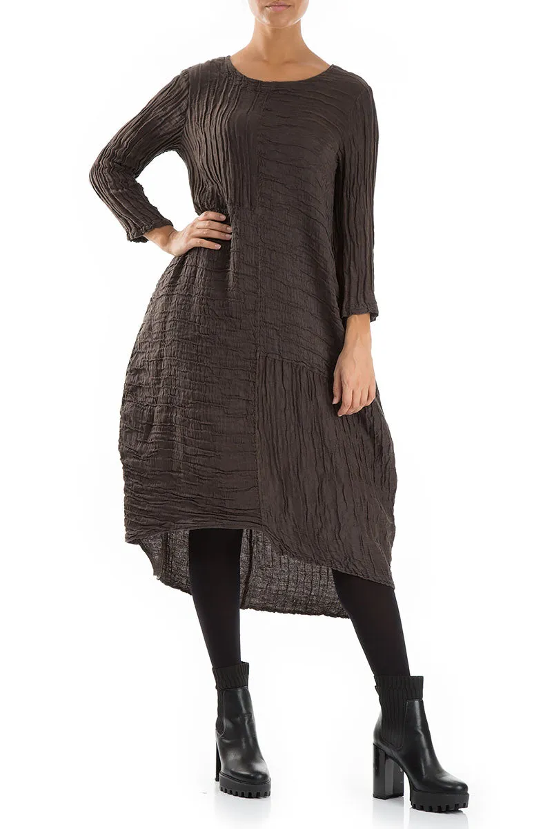 Asymmetrical Crinkled Ash Silk Linen Dress Adjustable Fastenings ElasticFree Cuffs