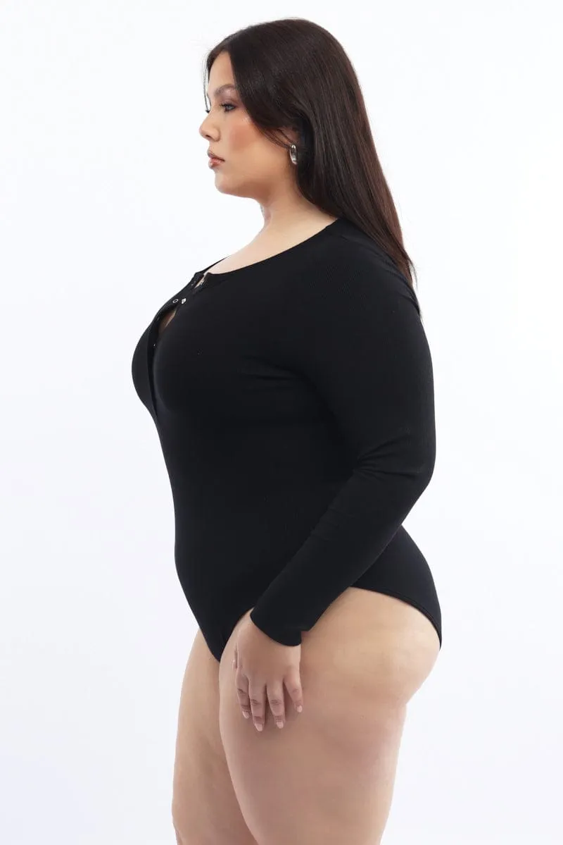 LowMaintenanceFabric Clear Mind Black Bodysuit Long Sleeve Button Down
