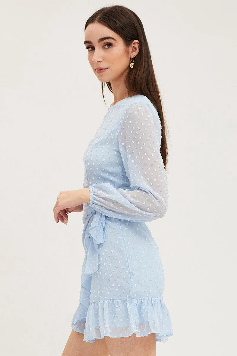 Blue Wrap Dress Long Sleeve Mini Ruffle Flexible Fit