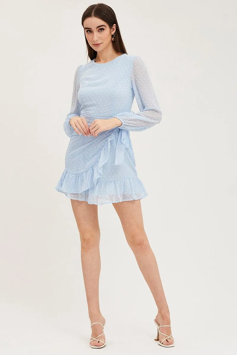 PressureRelief Seams Blue Wrap Dress Long Sleeve Mini Ruffle