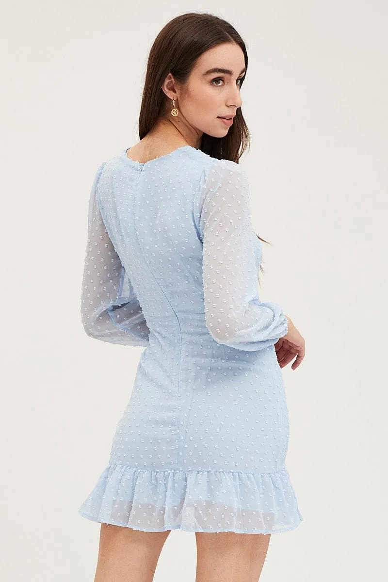 Blue Wrap Dress Long Sleeve Mini Ruffle TearResistantMaterial Glam Night
