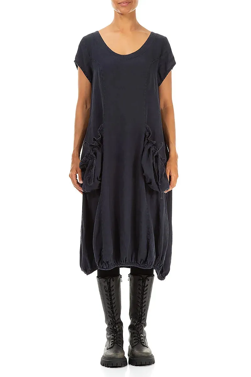 Ruched Balloon Slate Blue Linen Dress Cool Glow