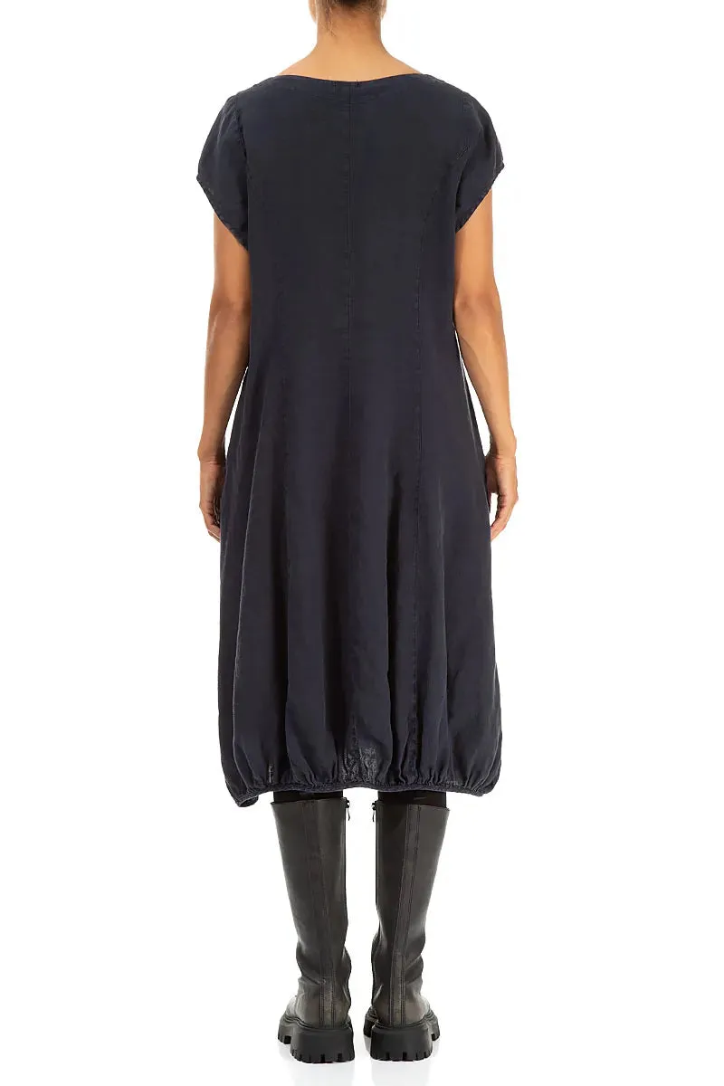 Ruched Balloon Slate Blue Linen Dress Energy Ease