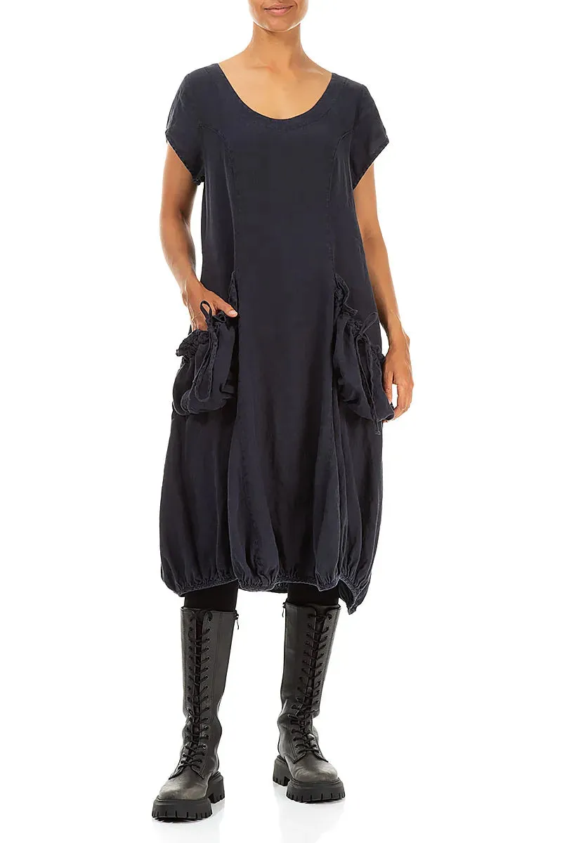 Ruched Balloon Slate Blue Linen Dress Formal Shirt