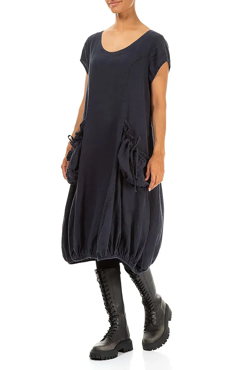 Ruched Balloon Slate Blue Linen Dress Zero Waste AbrasionFreeZone