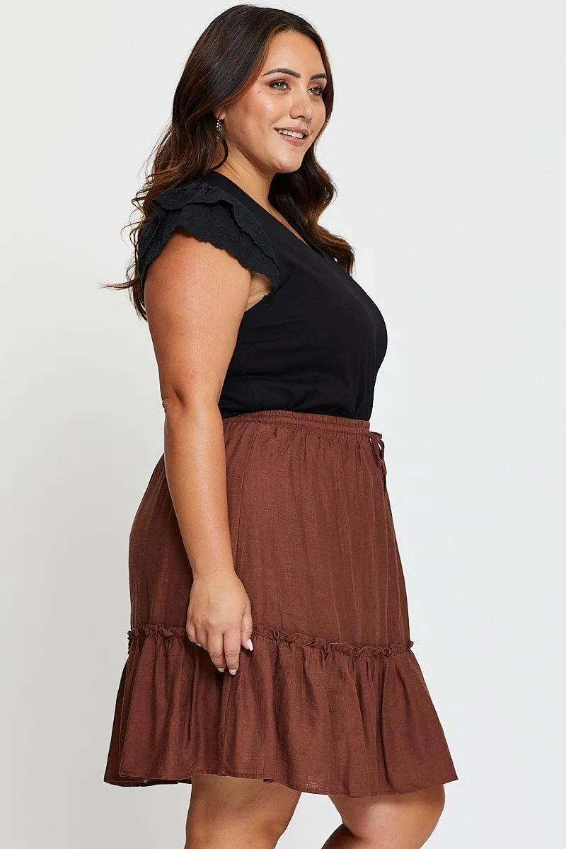 Brown High Waist Linen Blend Skater Mini Skirt Balanced Outfit