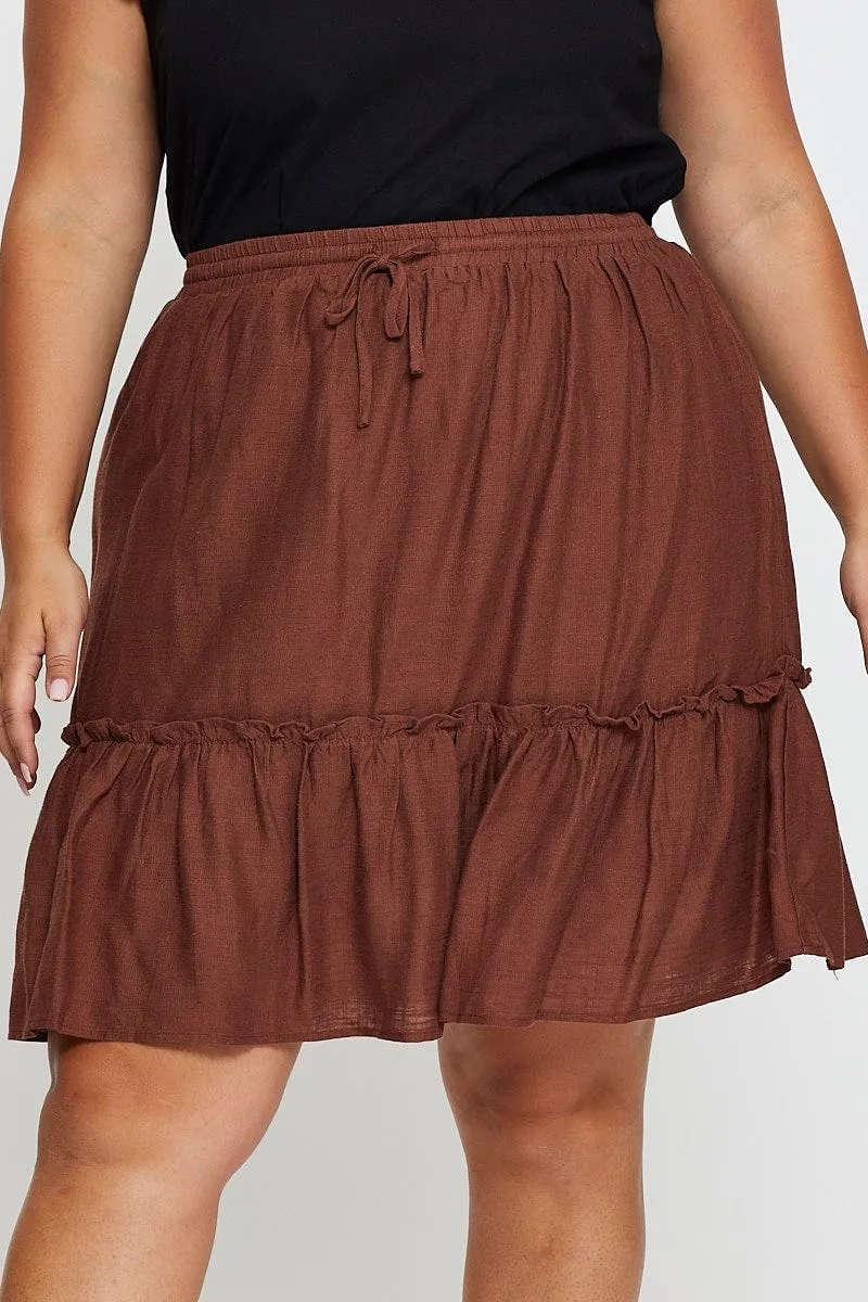 Push Button Closure Brown High Waist Linen Blend Skater Mini Skirt