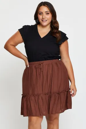 Brown High Waist Linen Blend Skater Mini Skirt Frayed Finish Easy Care