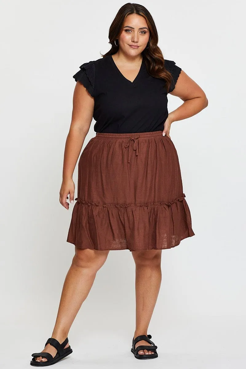 Minimal Vibe Linen Cotton Mix Brown High Waist Linen Blend Skater Mini Skirt