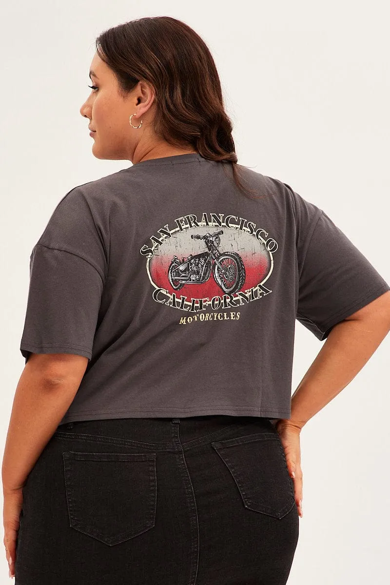 Grey Graphic T-shirt Crop Crew Neck Short Sleeve Scoop neck