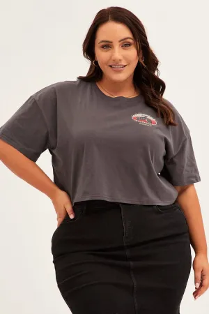 Layering Piece Grey Graphic T-shirt Crop Crew Neck Short Sleeve