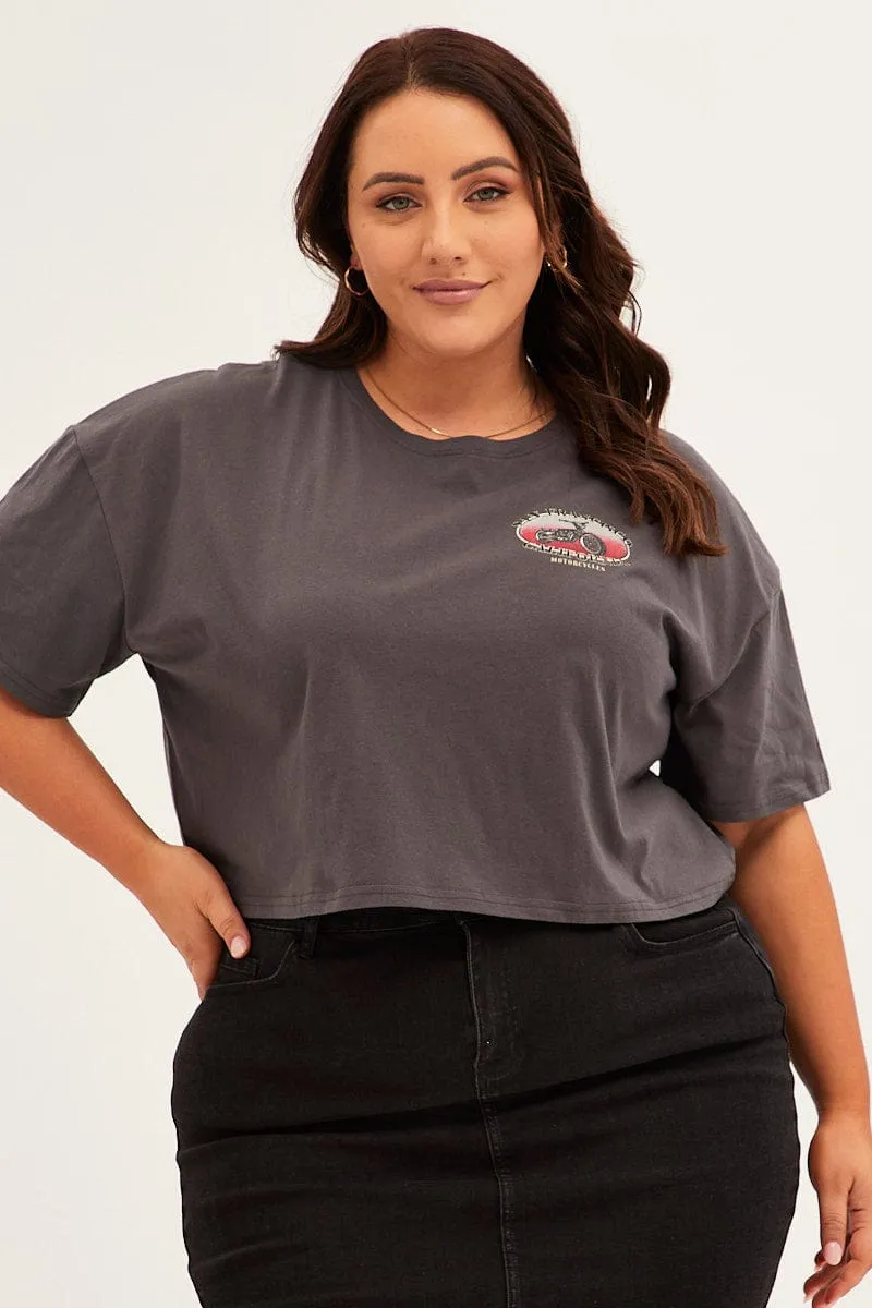 FunctionalPockets Cozy and Light Grey Graphic T-shirt Crop Crew Neck Short Sleeve