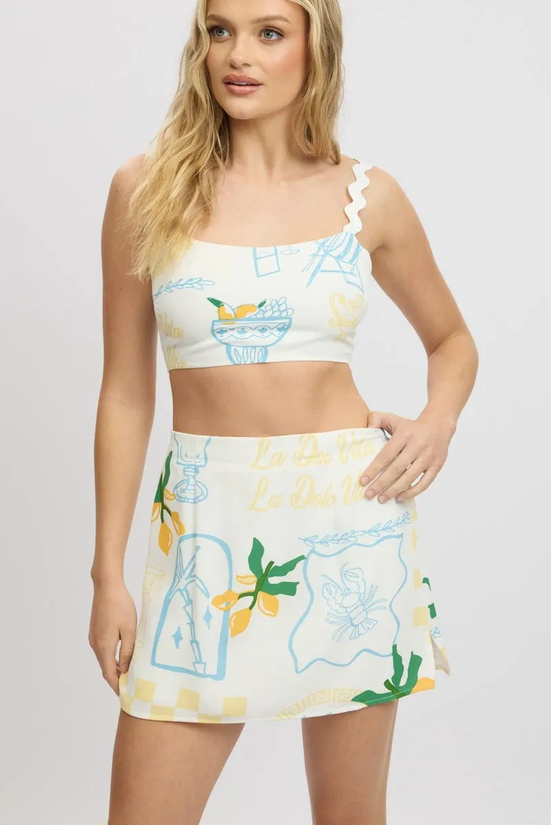 Yellow Abstract Mini Skirt High Waisted A Line Faux Leather Cultural Heritage