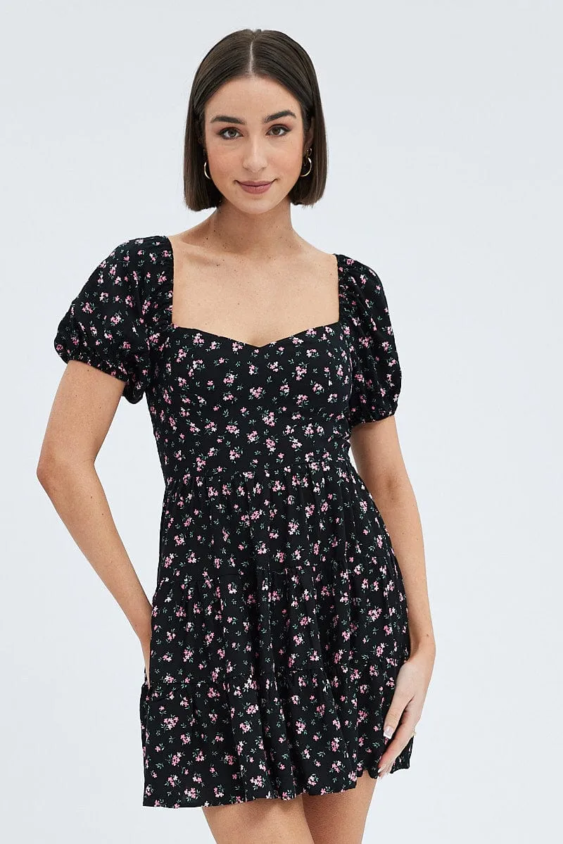 Stage Soul Stylish Dress Black Floral Fit And Flare Dress Puff Sleeve Mini