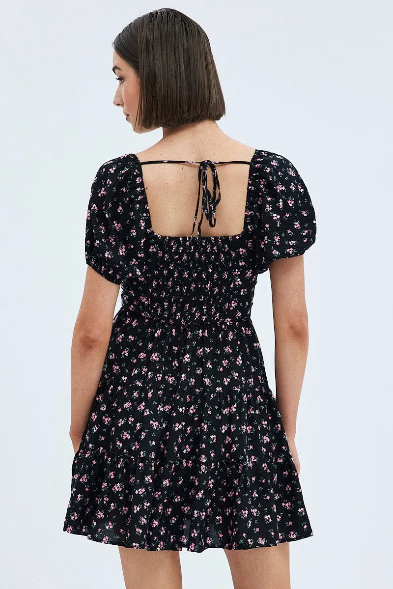 Black Floral Fit And Flare Dress Puff Sleeve Mini Story Mood