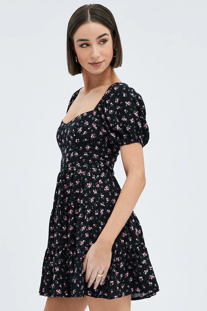 Black Floral Fit And Flare Dress Puff Sleeve Mini Comfortable Pants