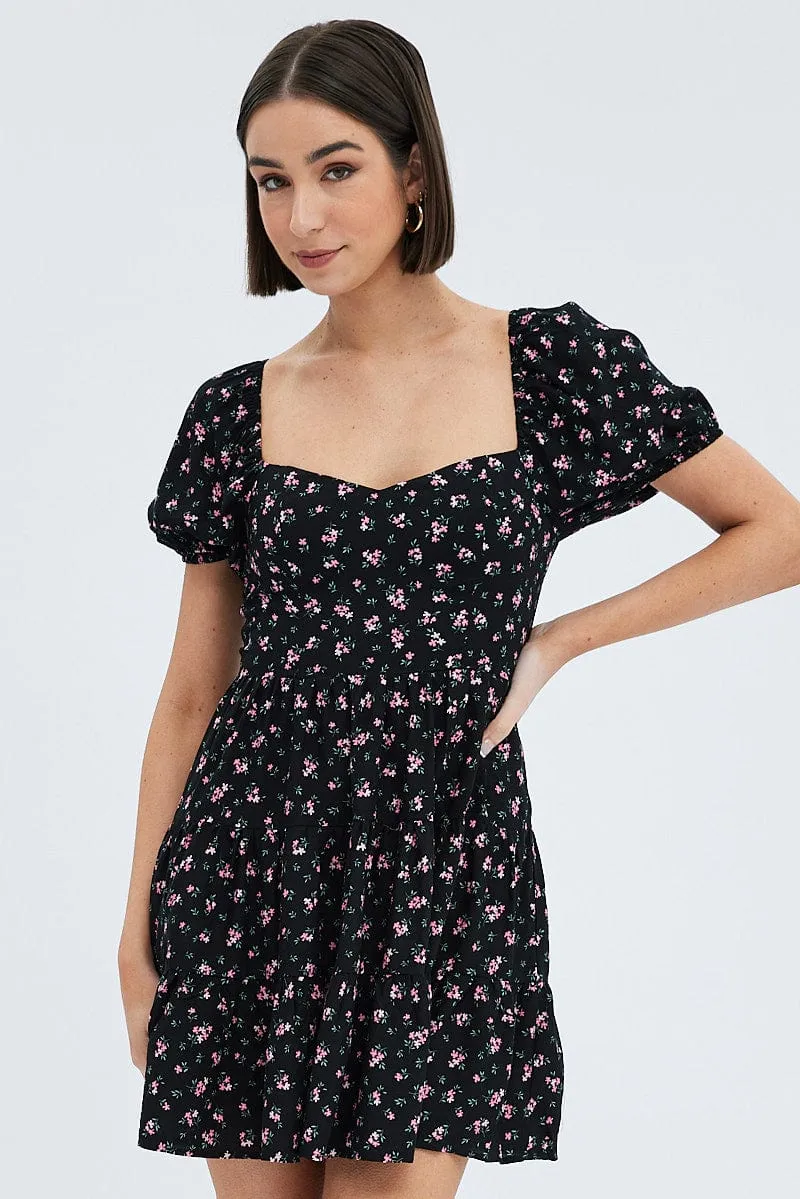 Black Floral Fit And Flare Dress Puff Sleeve Mini AbrasionResistant Material