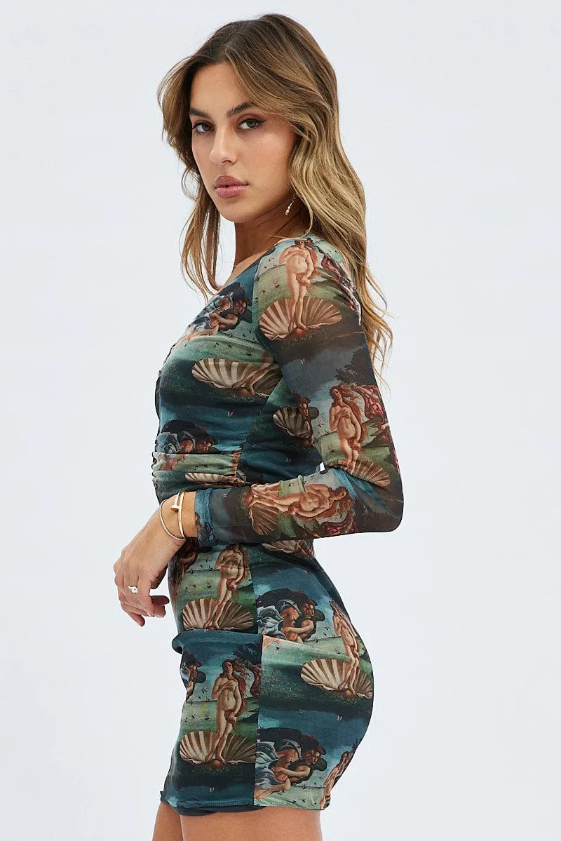 Multi Print Mini Dress Long Sleeve V-Neck Bodycon Ruched Waist Stylish simple short dress