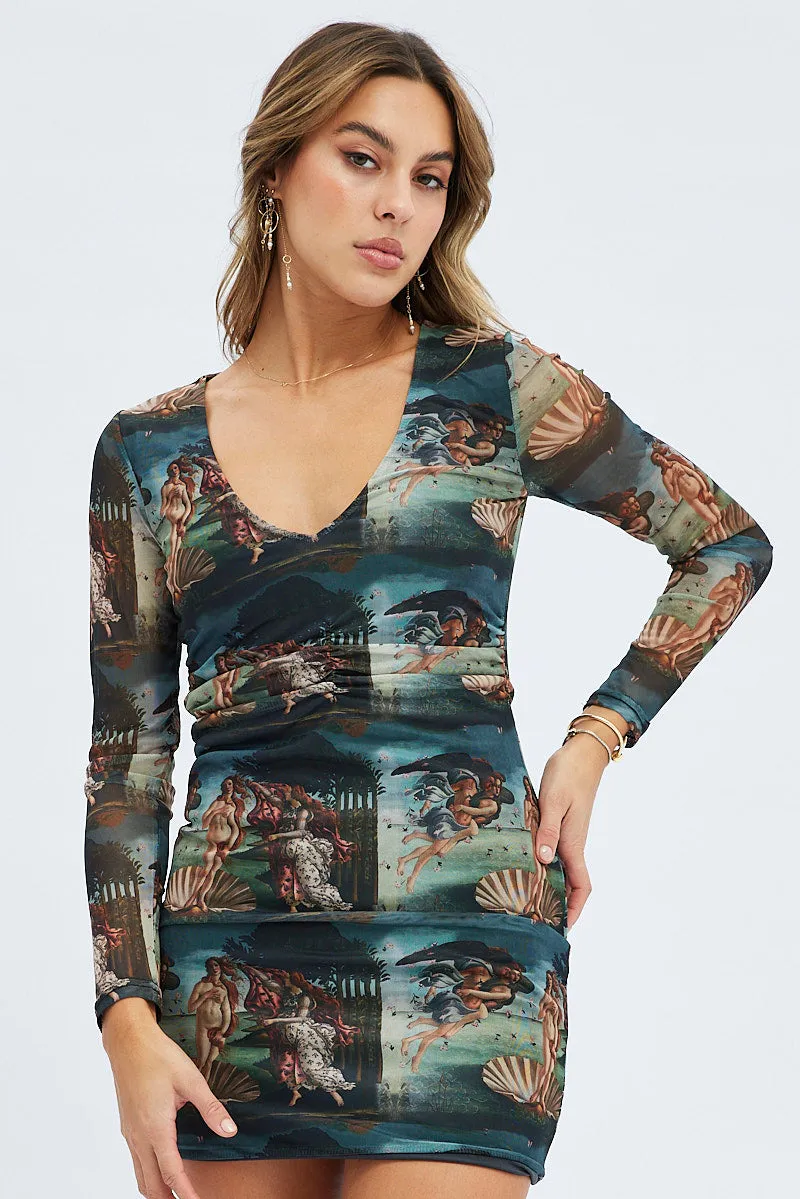 Multi Print Mini Dress Long Sleeve V-Neck Bodycon Ruched Waist Night Rush