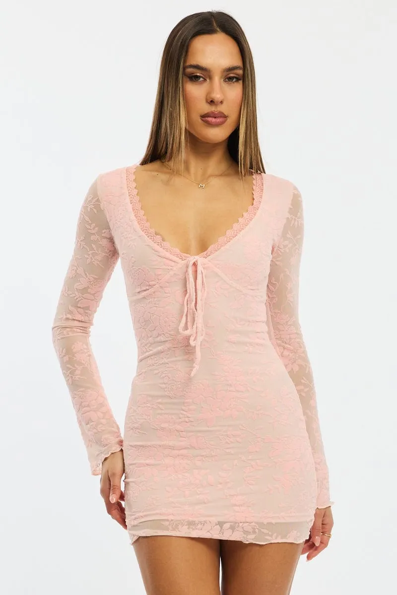 Date Ready Oversized Pocket Pink Bodycon Dress Mini Long Sleeve Burnout