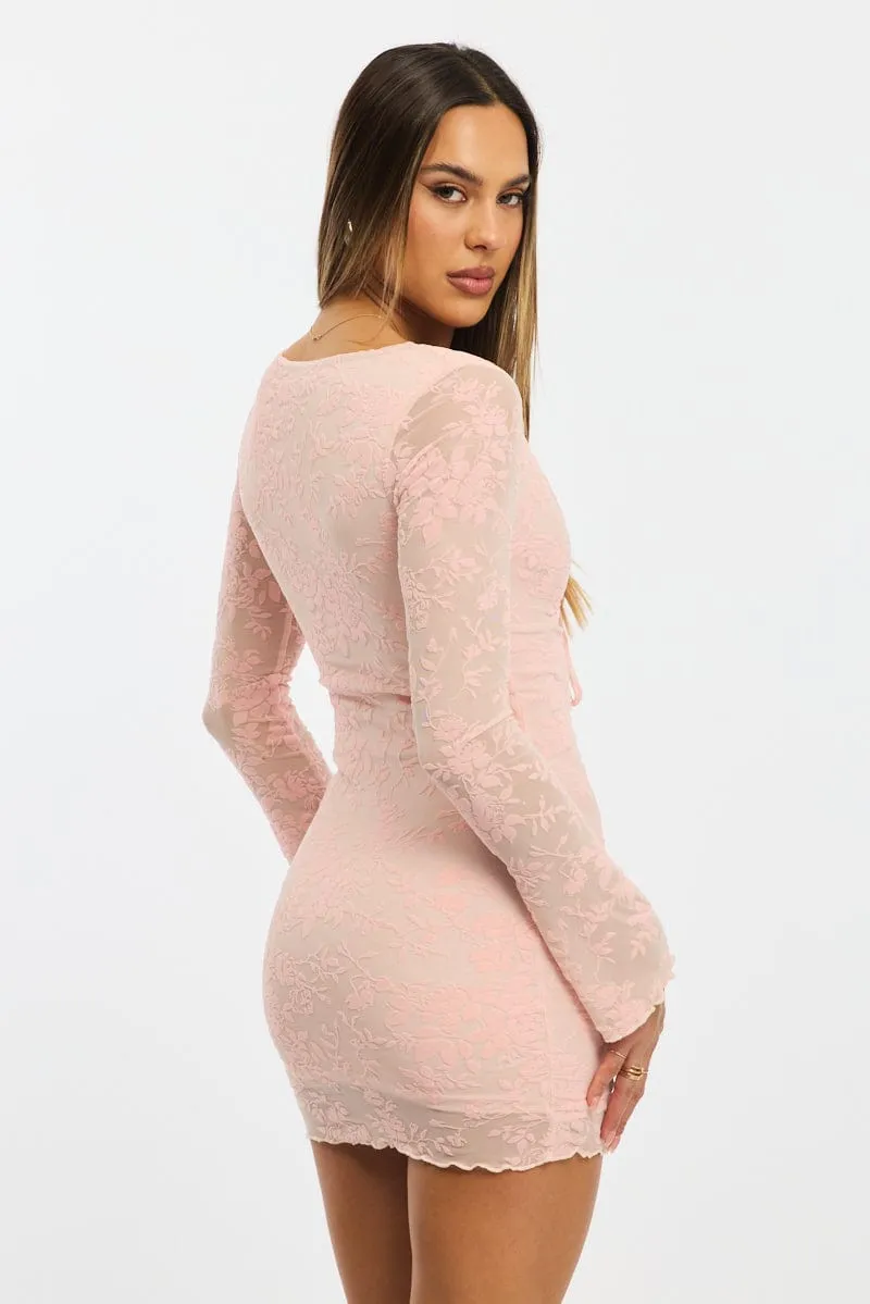Pink Bodycon Dress Mini Long Sleeve Burnout City Babe