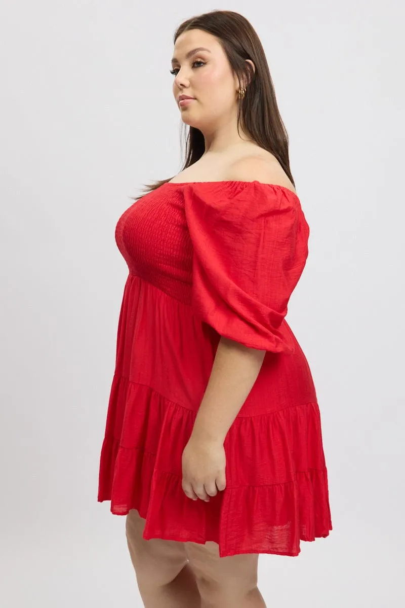 Floral Vibe Fearless Charm Red Shirred Bodice Puff Sleeve Tiered Mini Dress