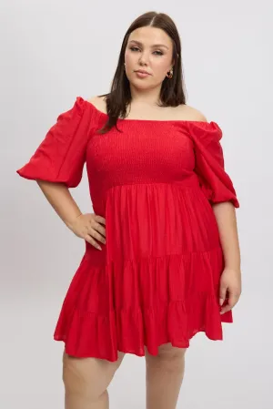 Edge Warm Red Shirred Bodice Puff Sleeve Tiered Mini Dress