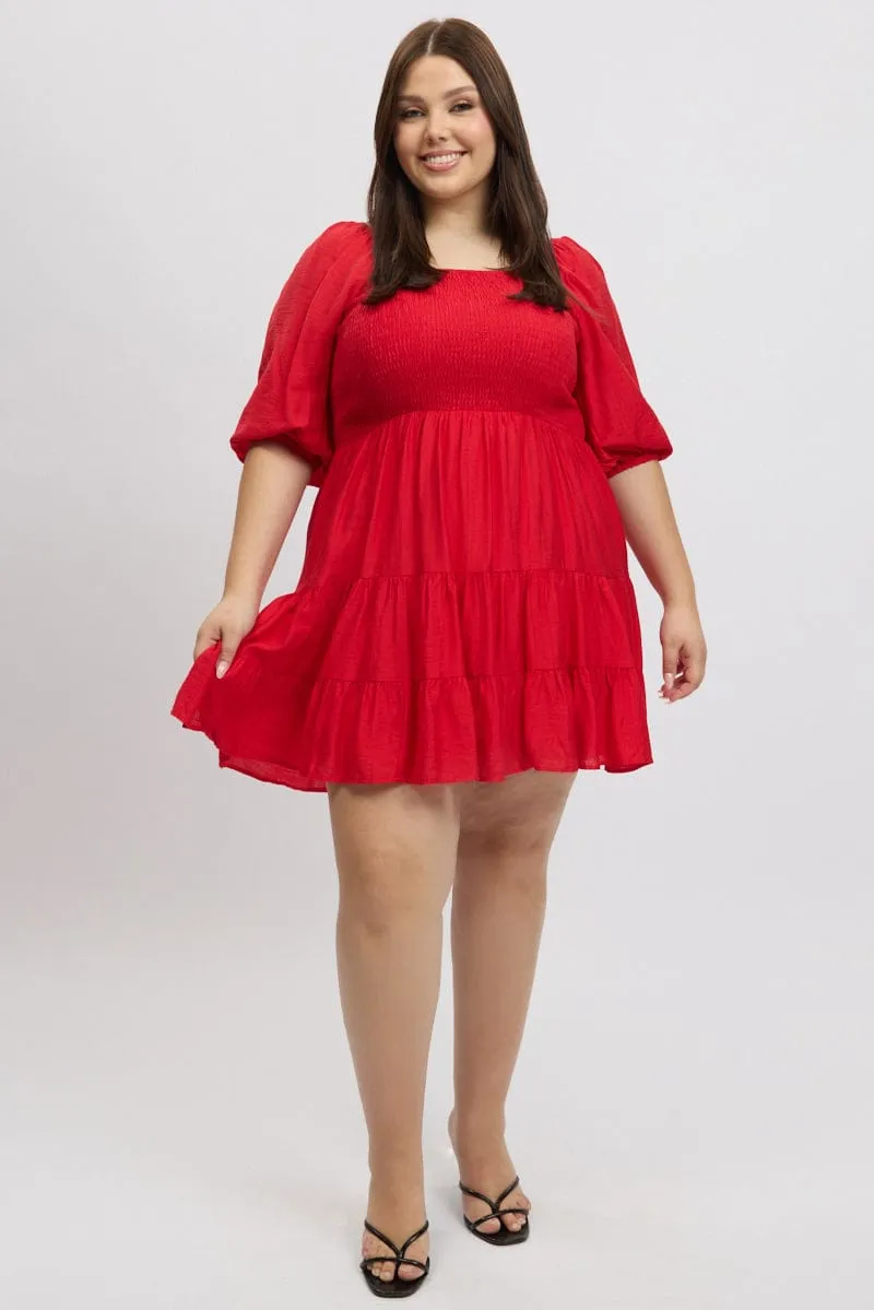Red Shirred Bodice Puff Sleeve Tiered Mini Dress Sexy yet elegant mini Floral Wear