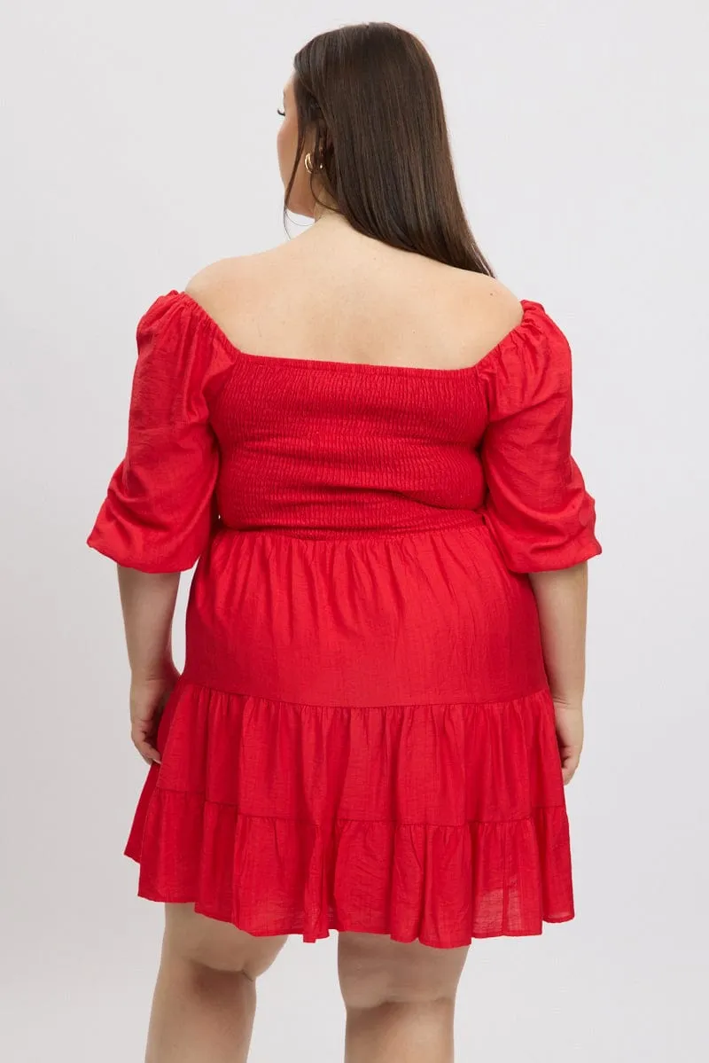 Red Shirred Bodice Puff Sleeve Tiered Mini Dress Urban Style Wear Odor Resistant Finish