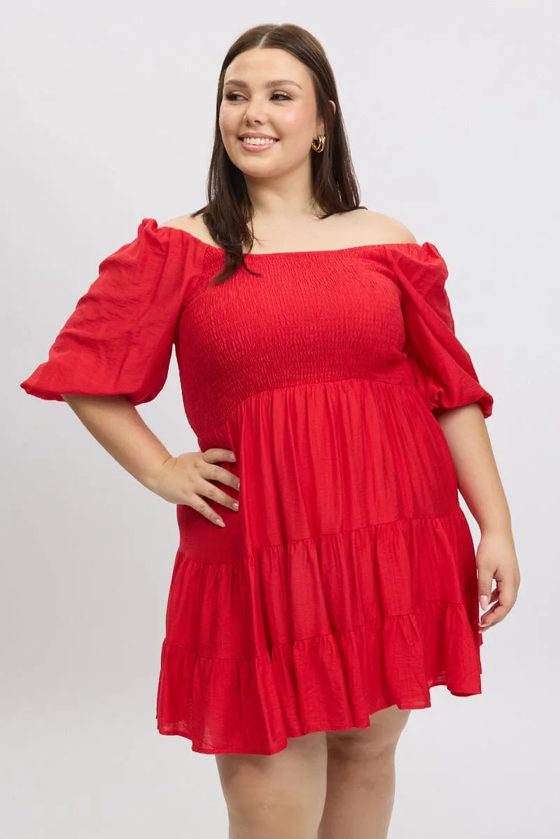 Red Shirred Bodice Puff Sleeve Tiered Mini Dress Eco Friendly Dye Chic Look