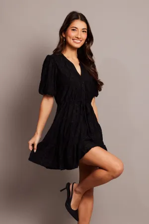 Urban Wear Black Fit And Flare Dress Puff Sleeve Mini Burnout