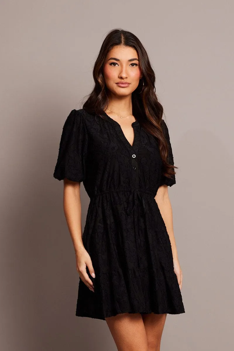 Work-Ready Black Fit And Flare Dress Puff Sleeve Mini Burnout