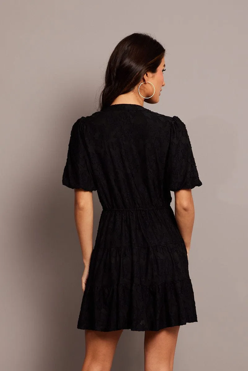 Black Fit And Flare Dress Puff Sleeve Mini Burnout Queen Glow ElasticFree Cuffs