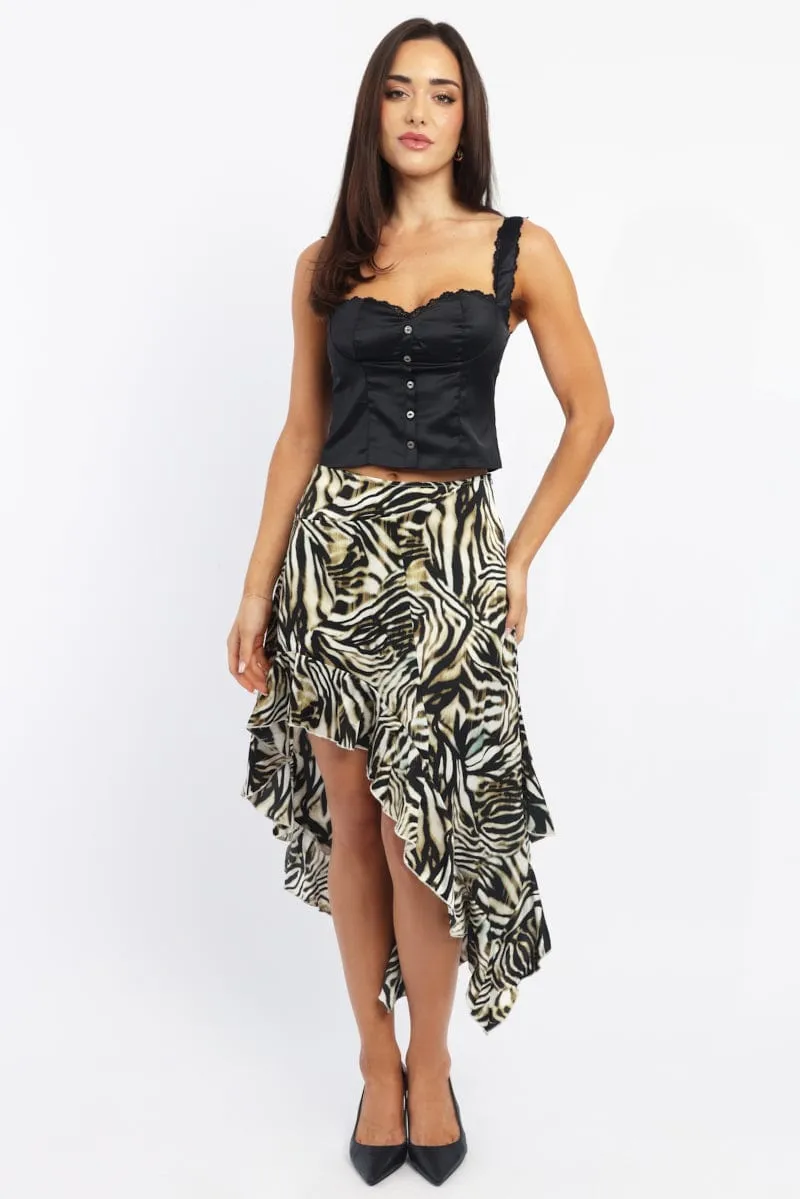 Easy Comfort Pocket Design Black Animal Print Frill Skirt High Waisted High Low Midi