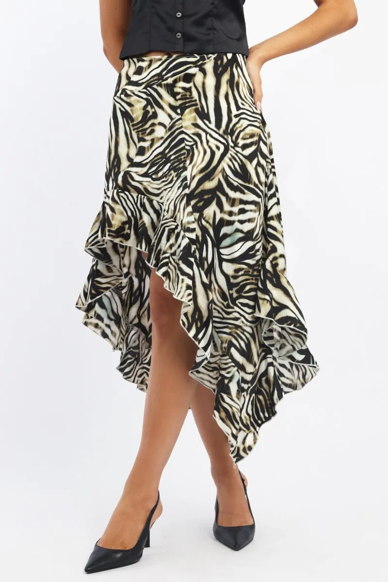 Black Animal Print Frill Skirt High Waisted High Low Midi Neutral palette