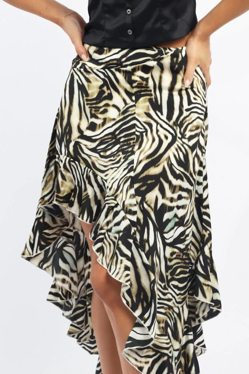 Cuffed hem Bold Look Black Animal Print Frill Skirt High Waisted High Low Midi