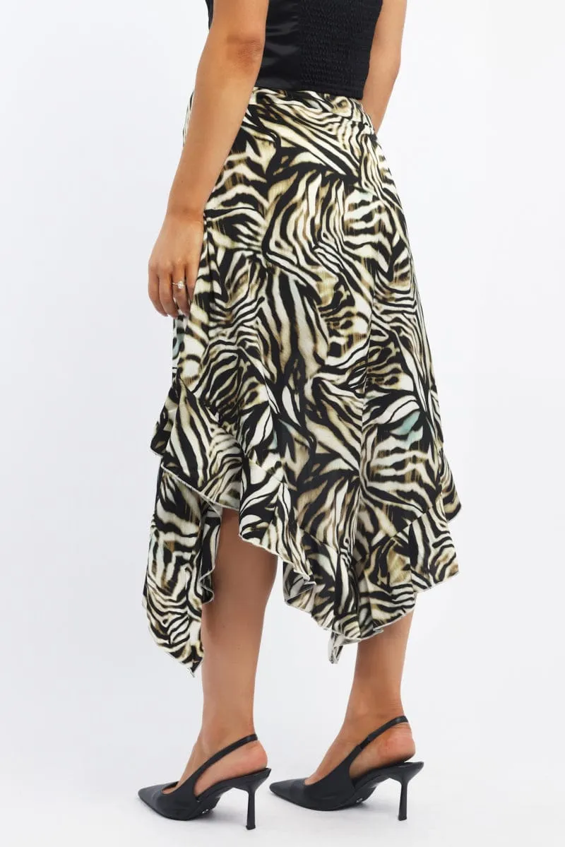 Black Animal Print Frill Skirt High Waisted High Low Midi Light Flow Smart Texture