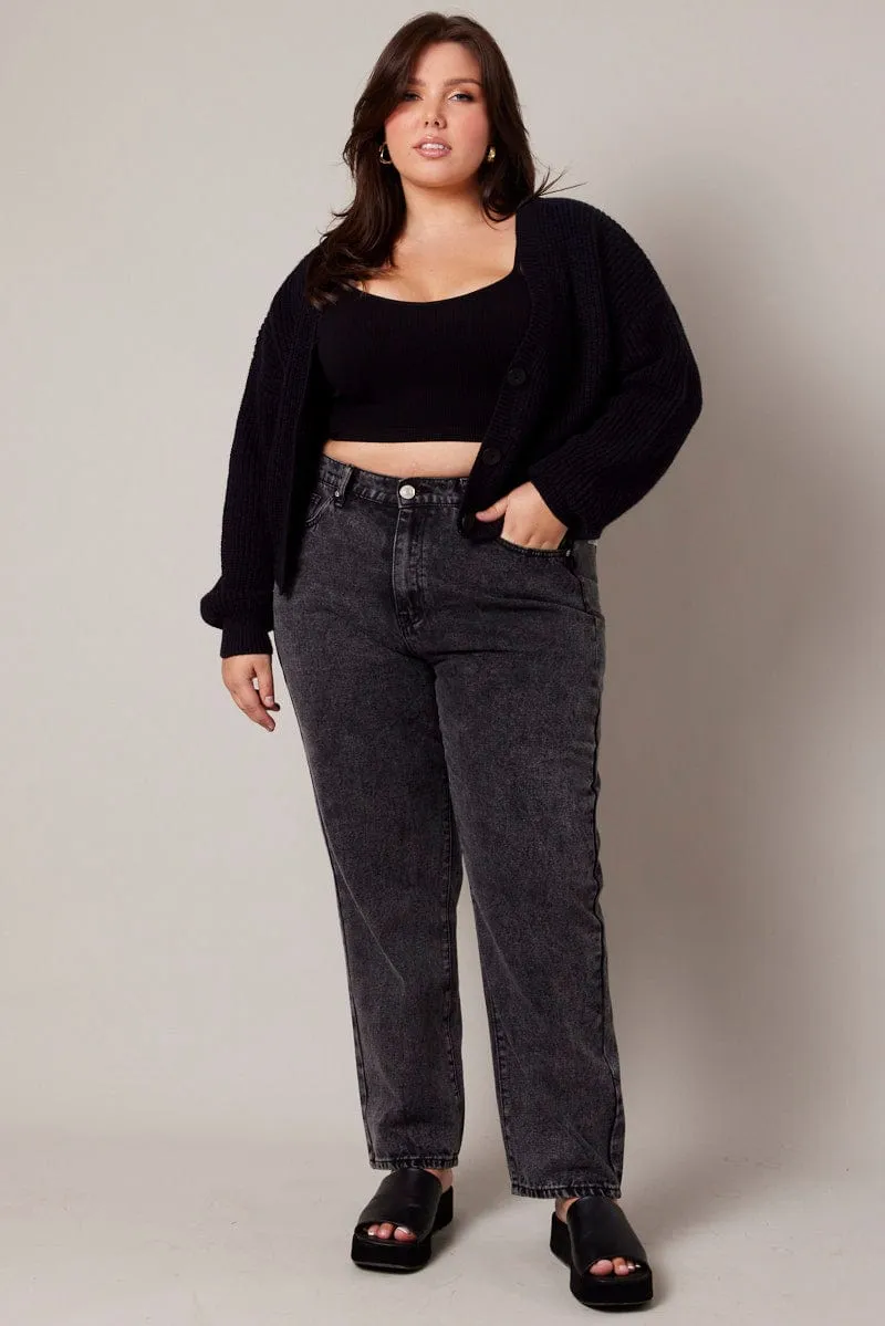 Formal Classic Wear Loose Black Mom Jeans High Rise Acid Wash