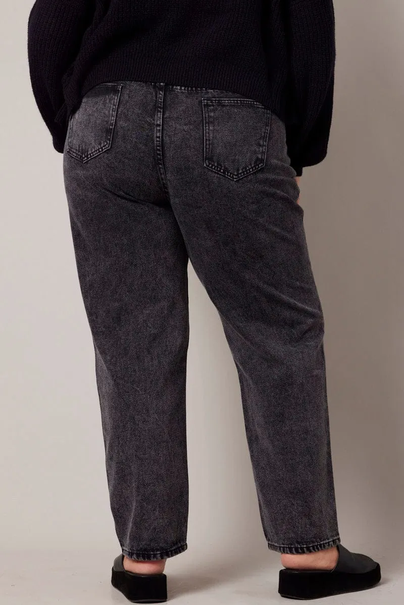 Always Stylish Blended Style Black Mom Jeans High Rise Acid Wash