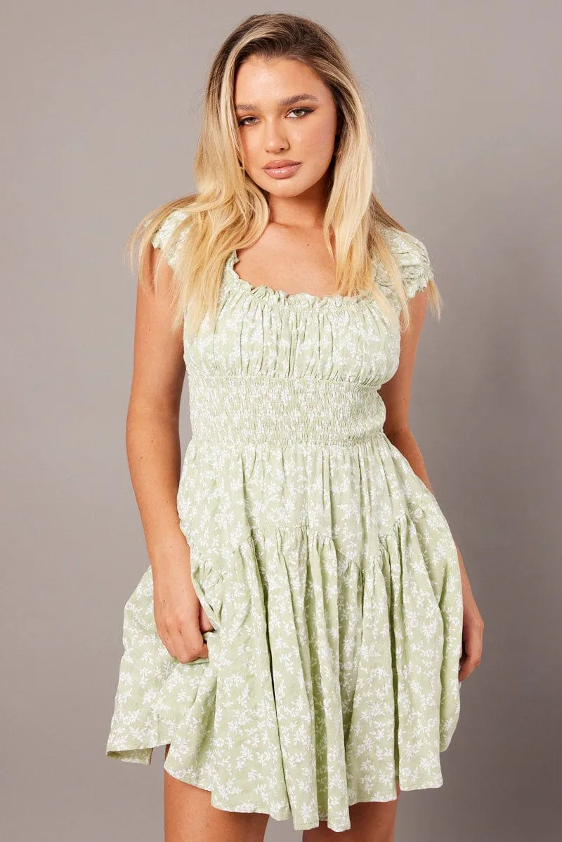 Crown Fit Green Ditsy Fit And Flare Dress Puff Sleeve