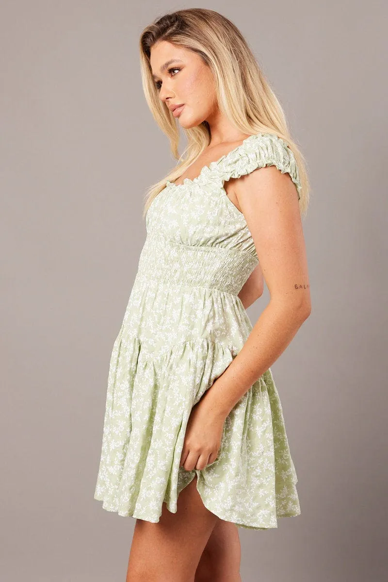 Green Ditsy Fit And Flare Dress Puff Sleeve NonRestrictiveSilhouette