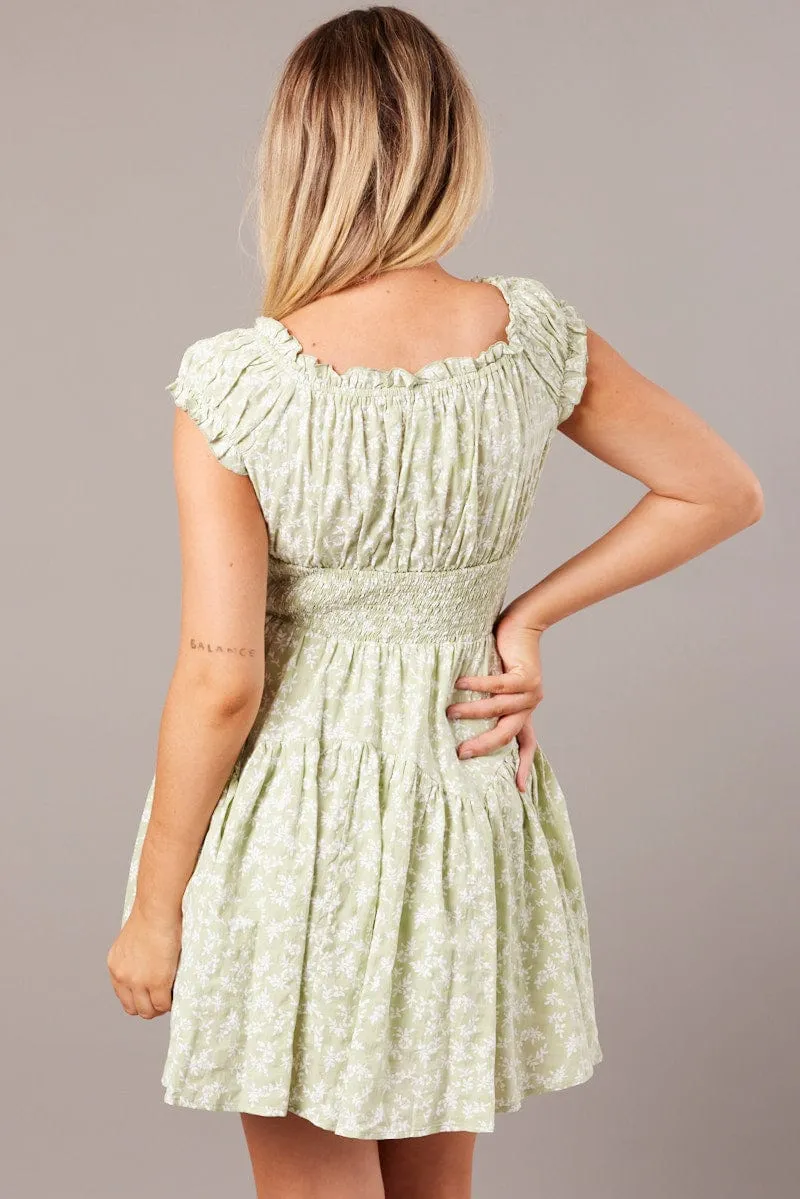 Green Ditsy Fit And Flare Dress Puff Sleeve Smart Wear Italian Flair