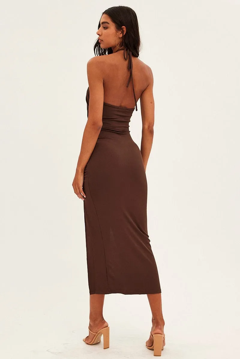Brown Cut Out Bodycon Party Dress ChafeResistant Seams FlexibleElasticity