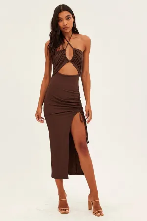 NonRestrictive Cut Seamless Sleeve Construction Brown Cut Out Bodycon Party Dress