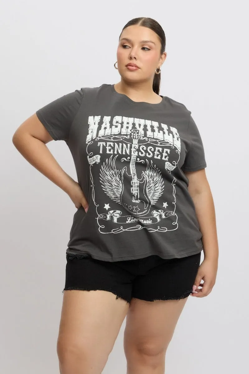 Comfy Fit Layer Versatile Style Trend Grey Graphic T Shirt Short Sleeve Crew Neck