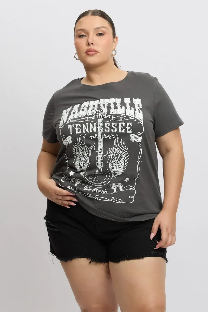 Premium Material Grey Graphic T Shirt Short Sleeve Crew Neck