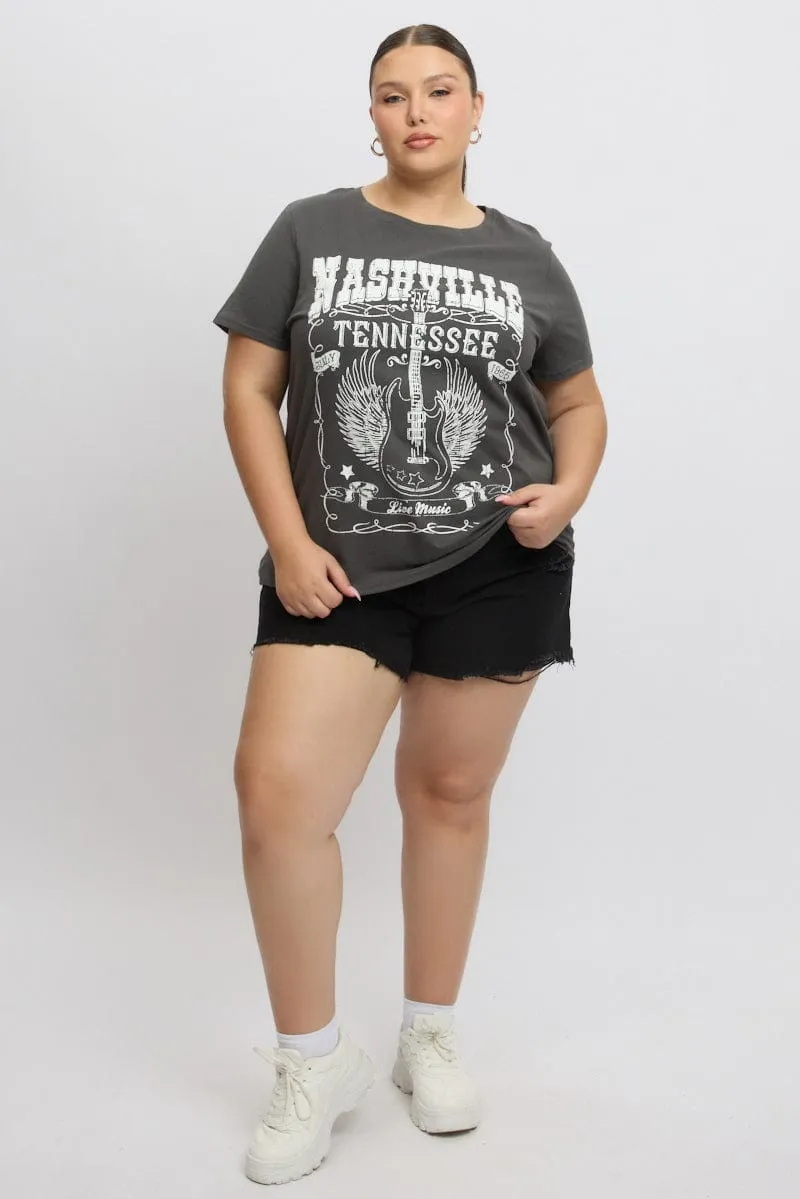 Anti-static Grey Graphic T Shirt Short Sleeve Crew Neck